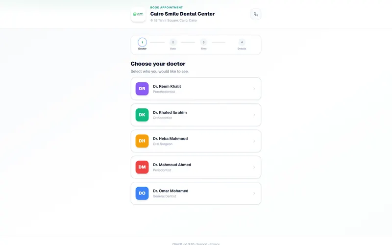 Public booking — choose doctor